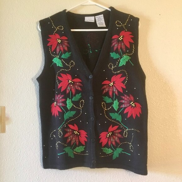 VTG Bobbie Brooks Ugly Christmas Sweater Vest Poinsettia Gold Beads Plaid Size M - Picture 1 of 5